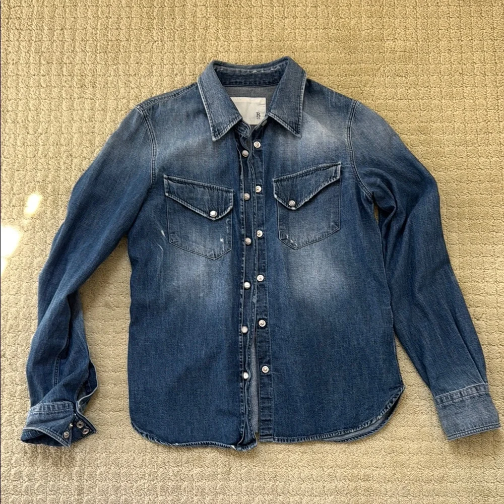 Classic Blue Denim Shirt with Pockets cowboy distressed - Picture 1 of 8